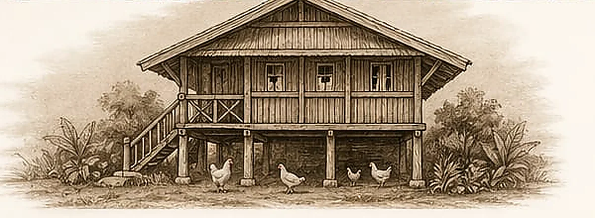 Ilustrasi rumah panggung Bugis dengan ayam di kolong rumah